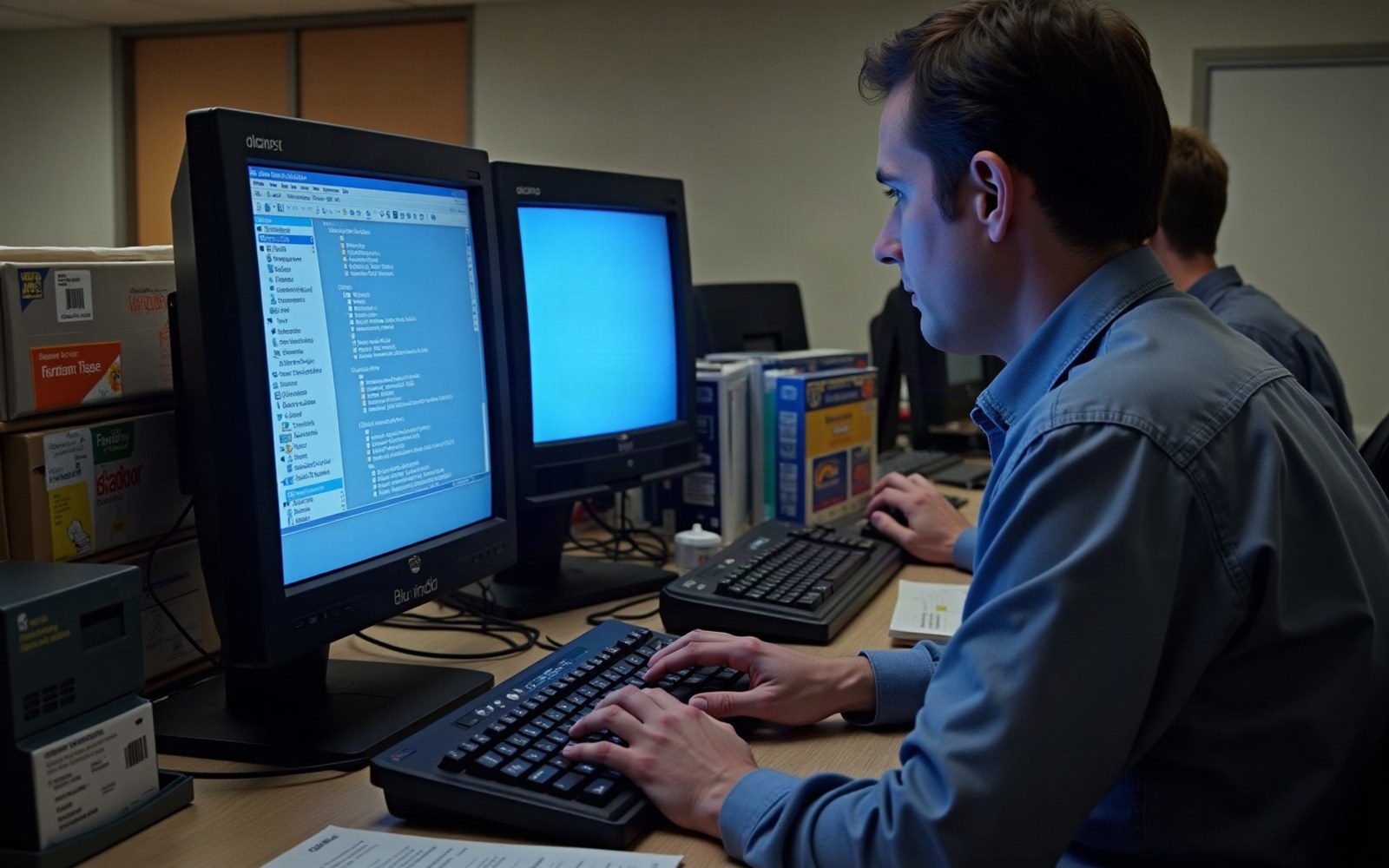 Man typing on a keyboard while viewing file directories on an old CRT monitor