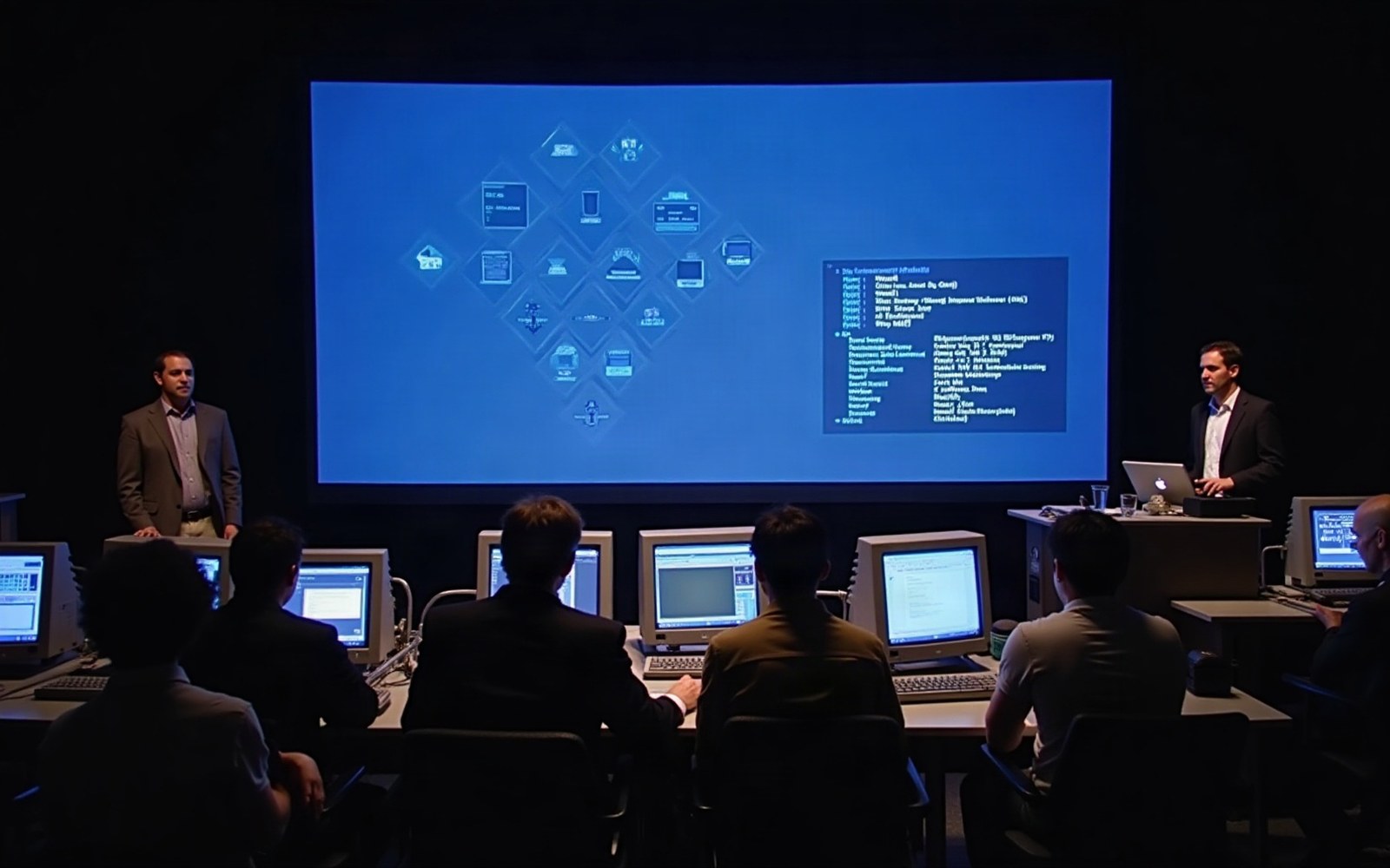 Two presenters stand before a large screen with tech icons as rows use vintage computers