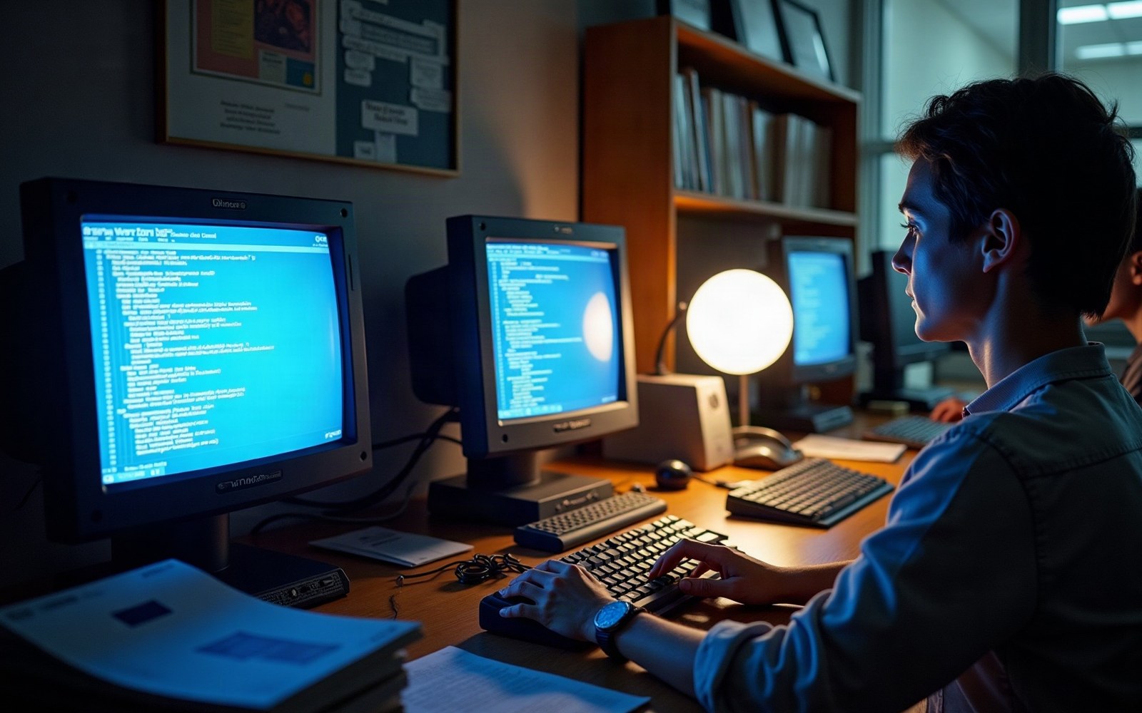 A person types on a keyboard facing multiple monitors displaying lines of code in a dim office