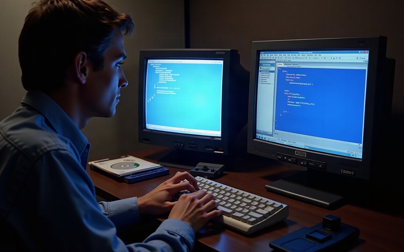 A man types on a keyboard facing two CRT monitors displaying blue-tinted code editors