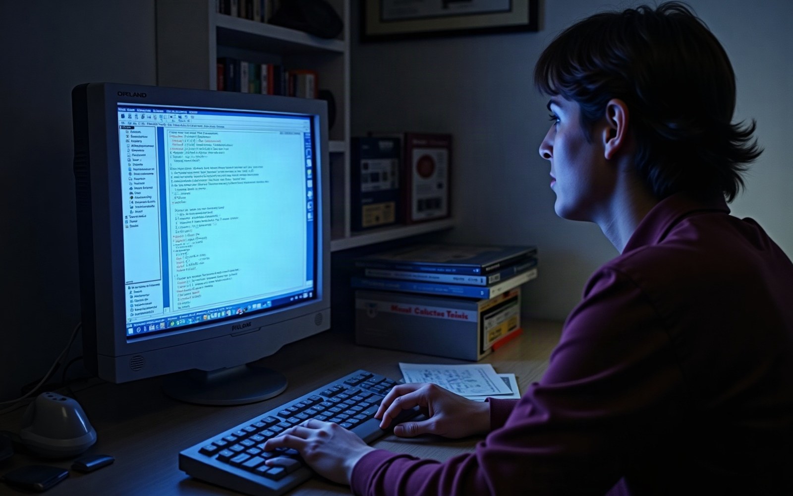 A person types at a keyboard while reading code on an old desktop monitor at night