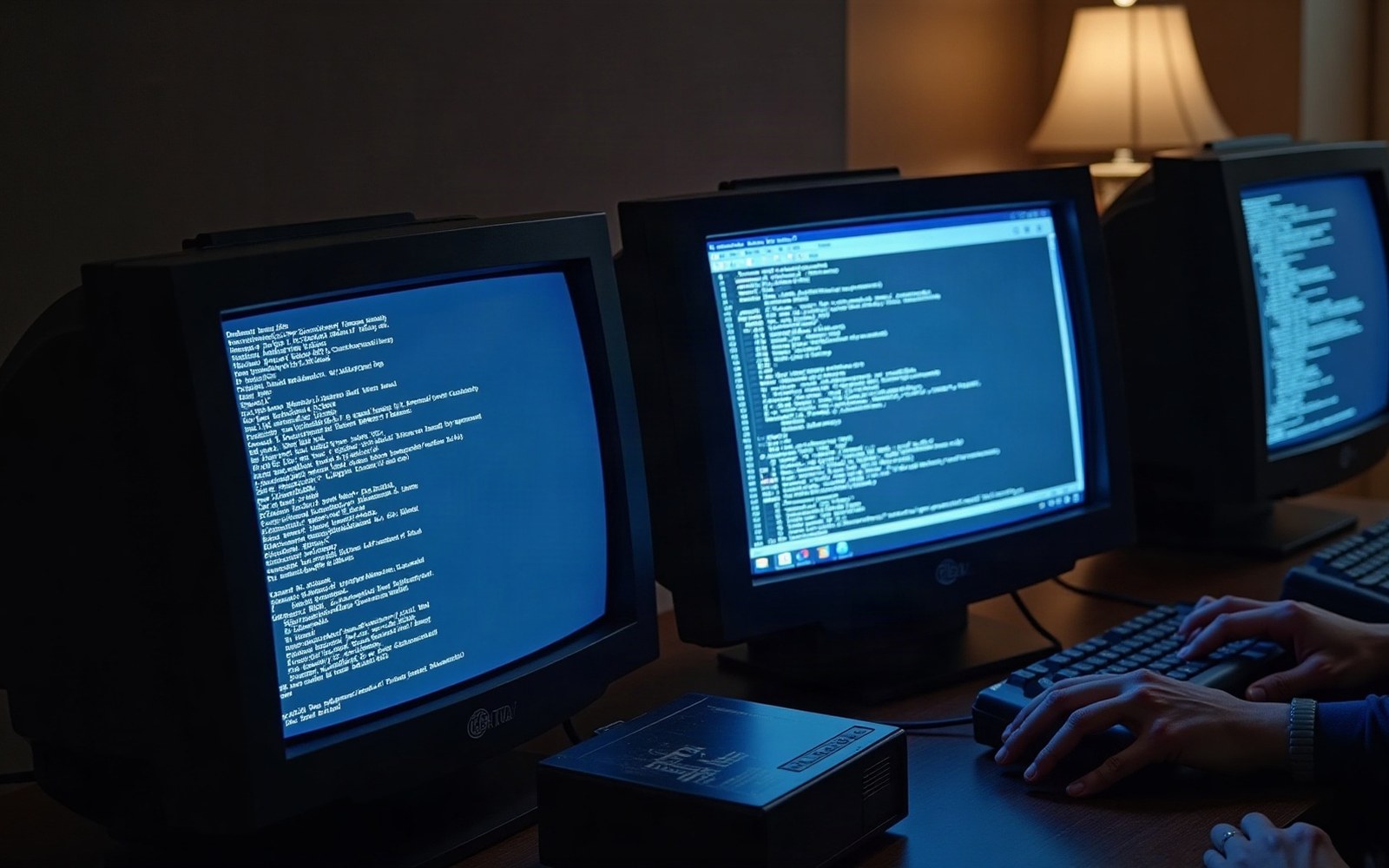 Rows of vintage CRT monitors display glowing text and code in a dim room
