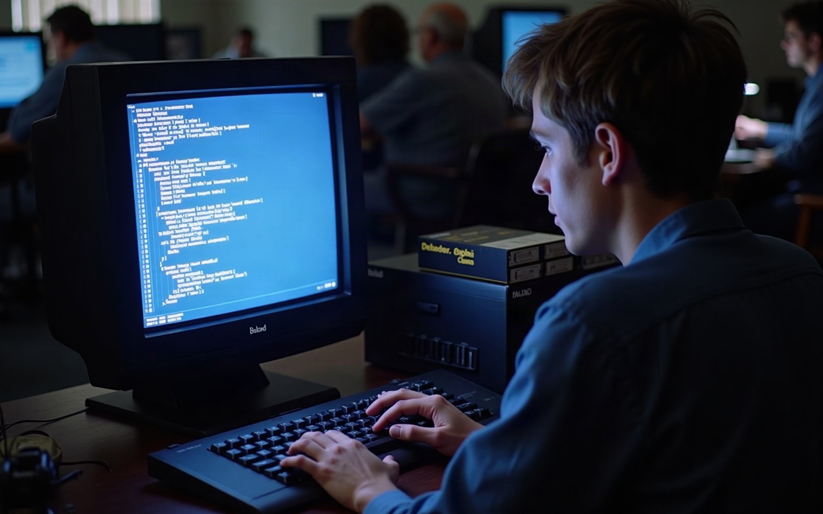 Young man types code on a vintage CRT monitor in a computer lab