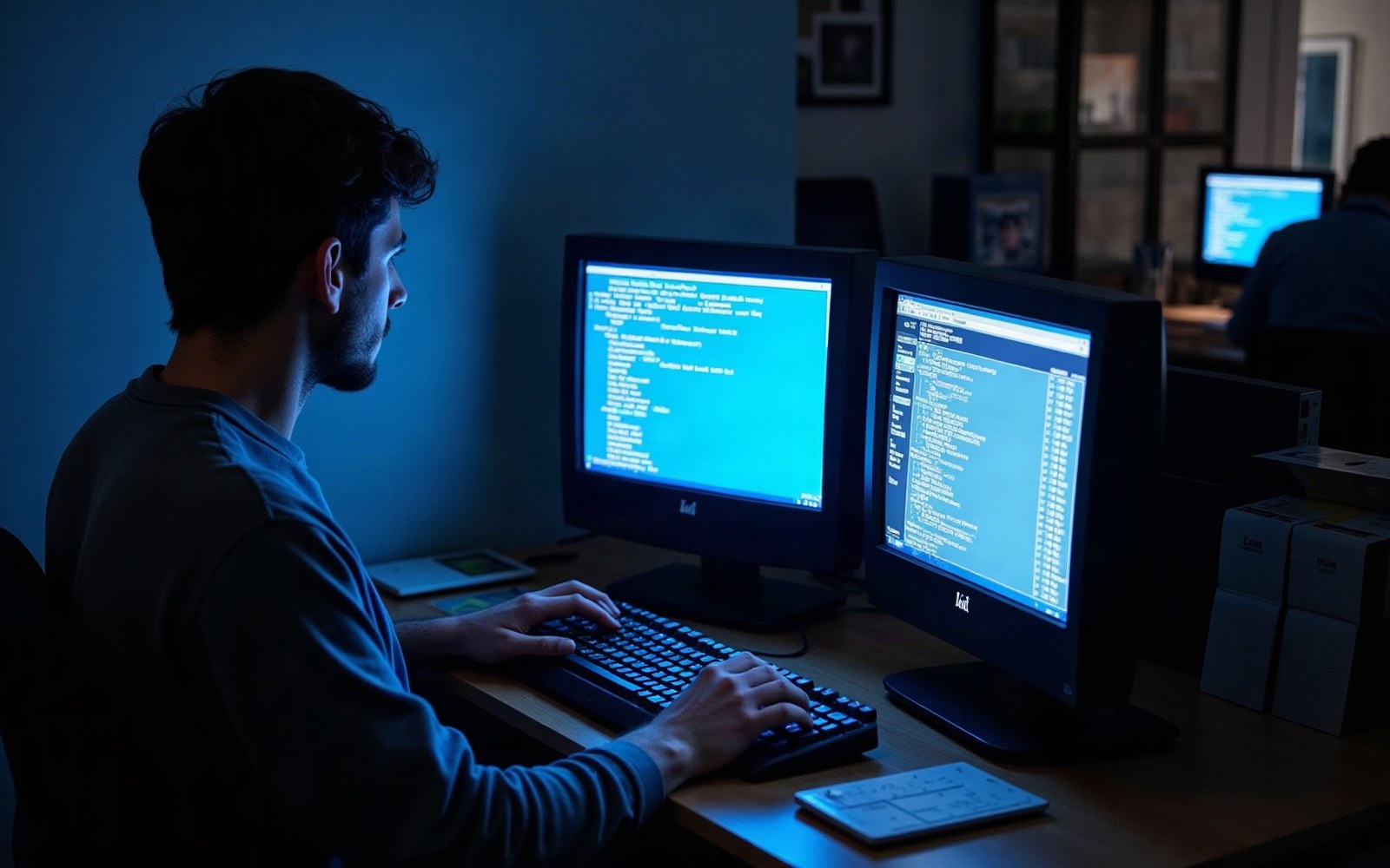 Man typing on a keyboard facing dual monitors displaying code in a dim office