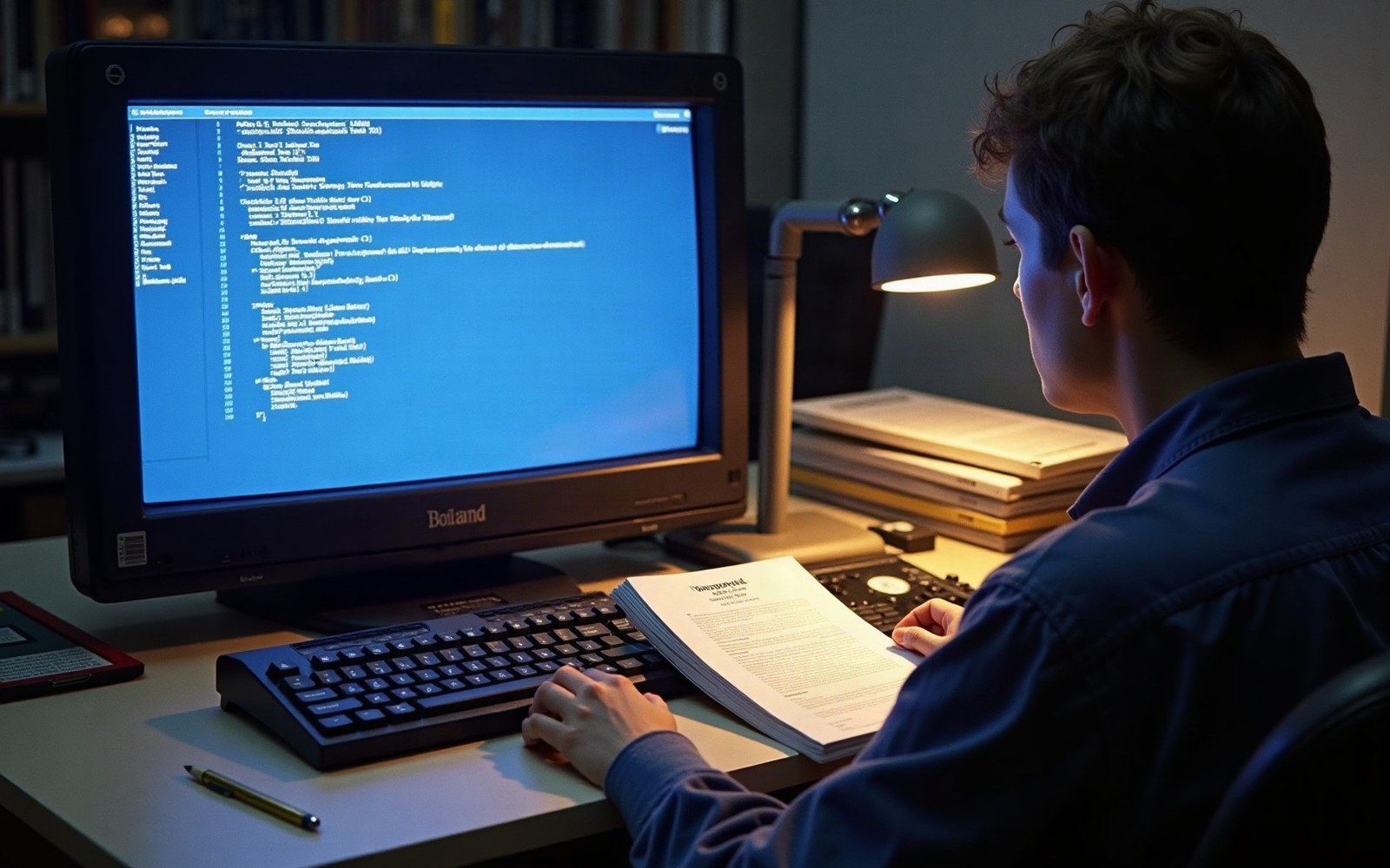 A person reads printed notes beside a monitor displaying blue-screen code under a desk lamp