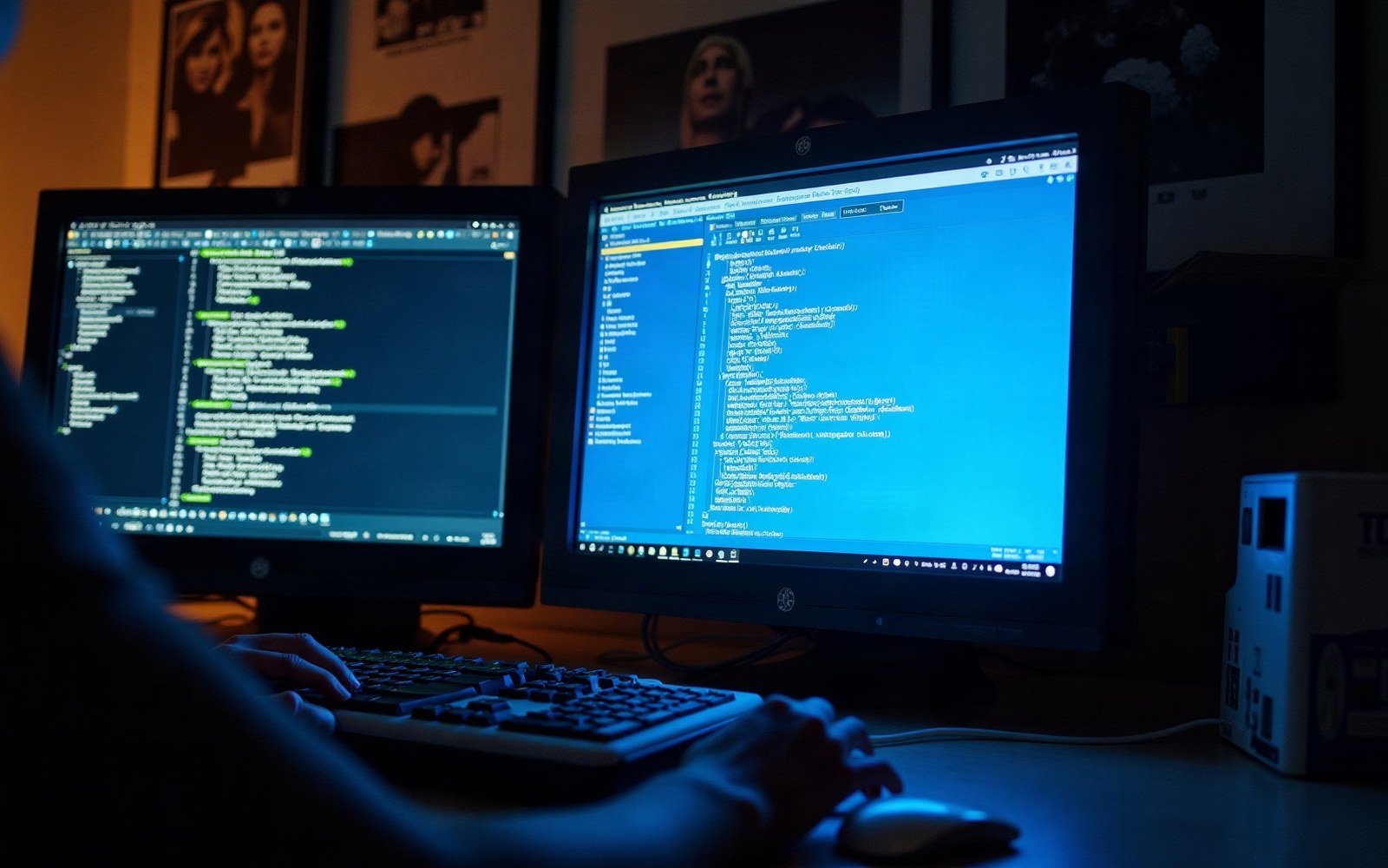 Two computer monitors displaying lines of code in a dimly lit room at night
