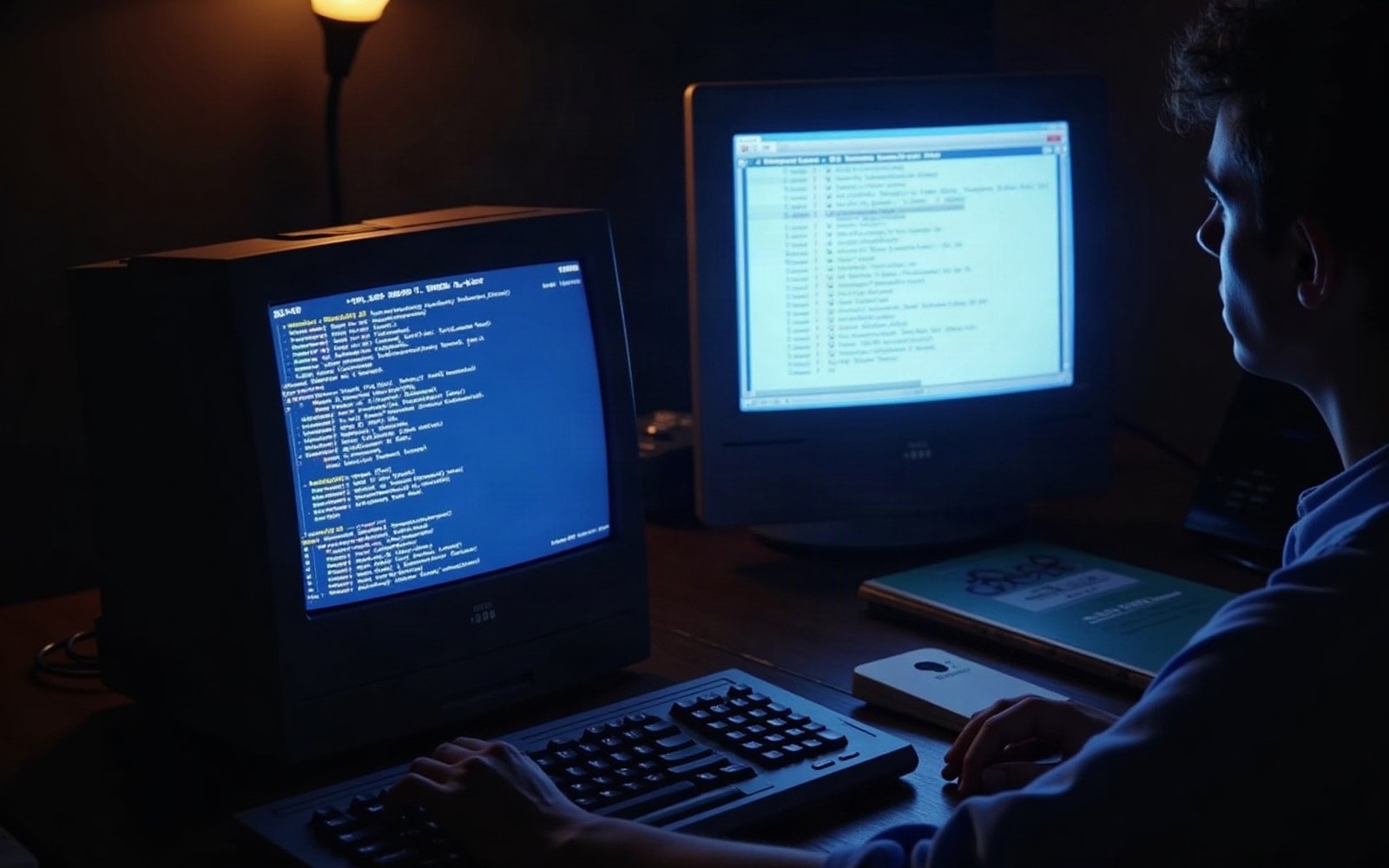 Person typing on a keyboard facing two old CRT monitors displaying text and code