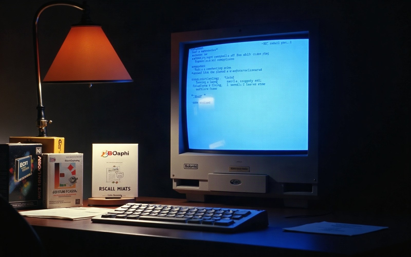 A dimly lit desk with a vintage beige computer monitor displaying blue-screen text beside a lamp