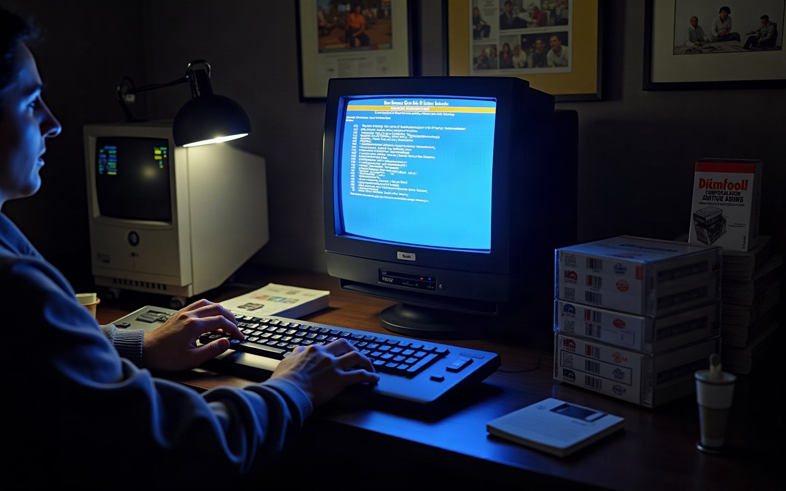 Person typing on a keyboard beside a glowing CRT monitor displaying blue text-based software