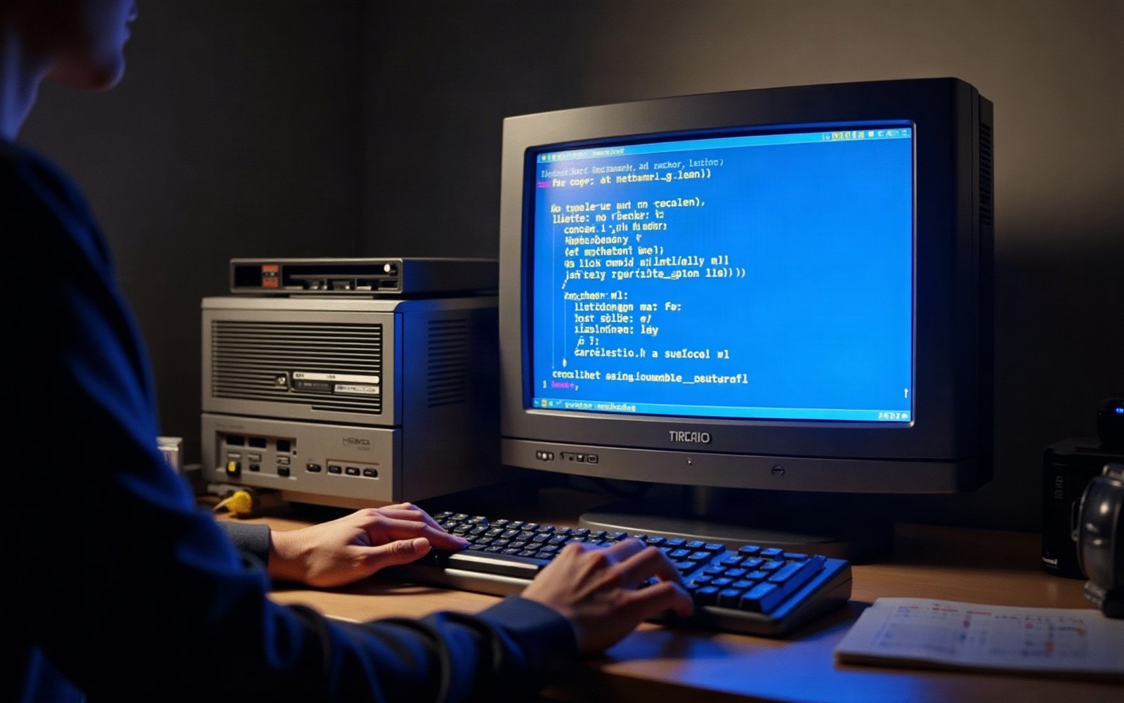 person typing on a keyboard beside a vintage computer with blue-screen code display