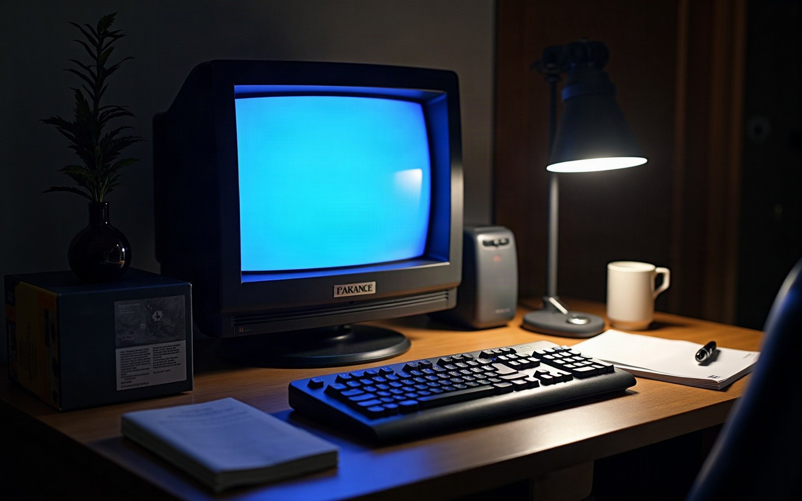 An old CRT monitor glowing blue sits on a desk beside a keyboard and desk lamp
